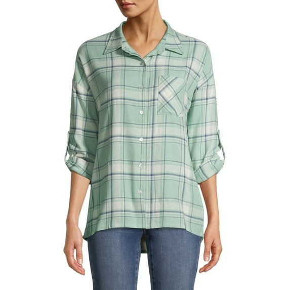 No Boundaries Juniors Faux Sherpa Lined Plaid Flannel Top