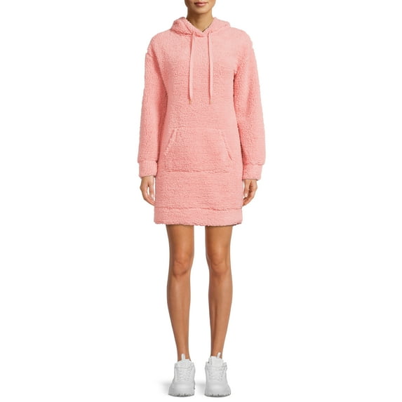 No Boundaries Juniors’ Faux Sherpa Tunic Hoodie Dress