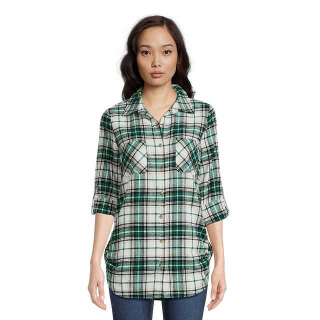 No Boundaries Juniors Flannel Shirt with Side Tabs, Sizes XS-XXXL ...