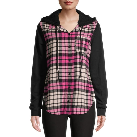No Boundaries Juniors' Flannel Top with Hood