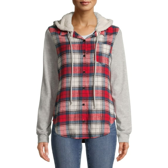No Boundaries Juniors' Flannel Top with Hood