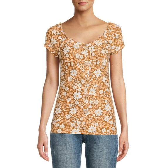 No Boundaries Juniors' Floral Button Front Top