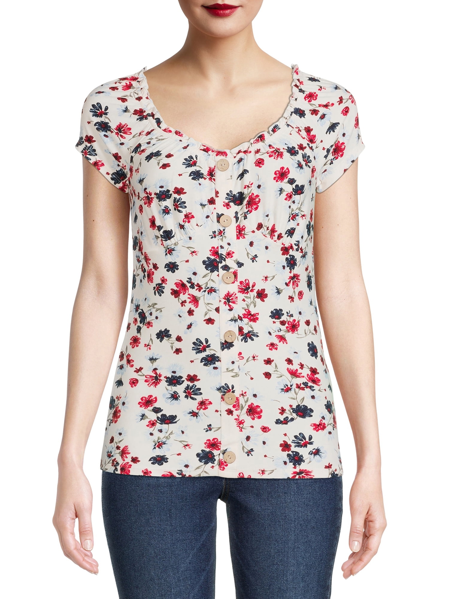 No Boundaries Juniors' Floral Button Front Top