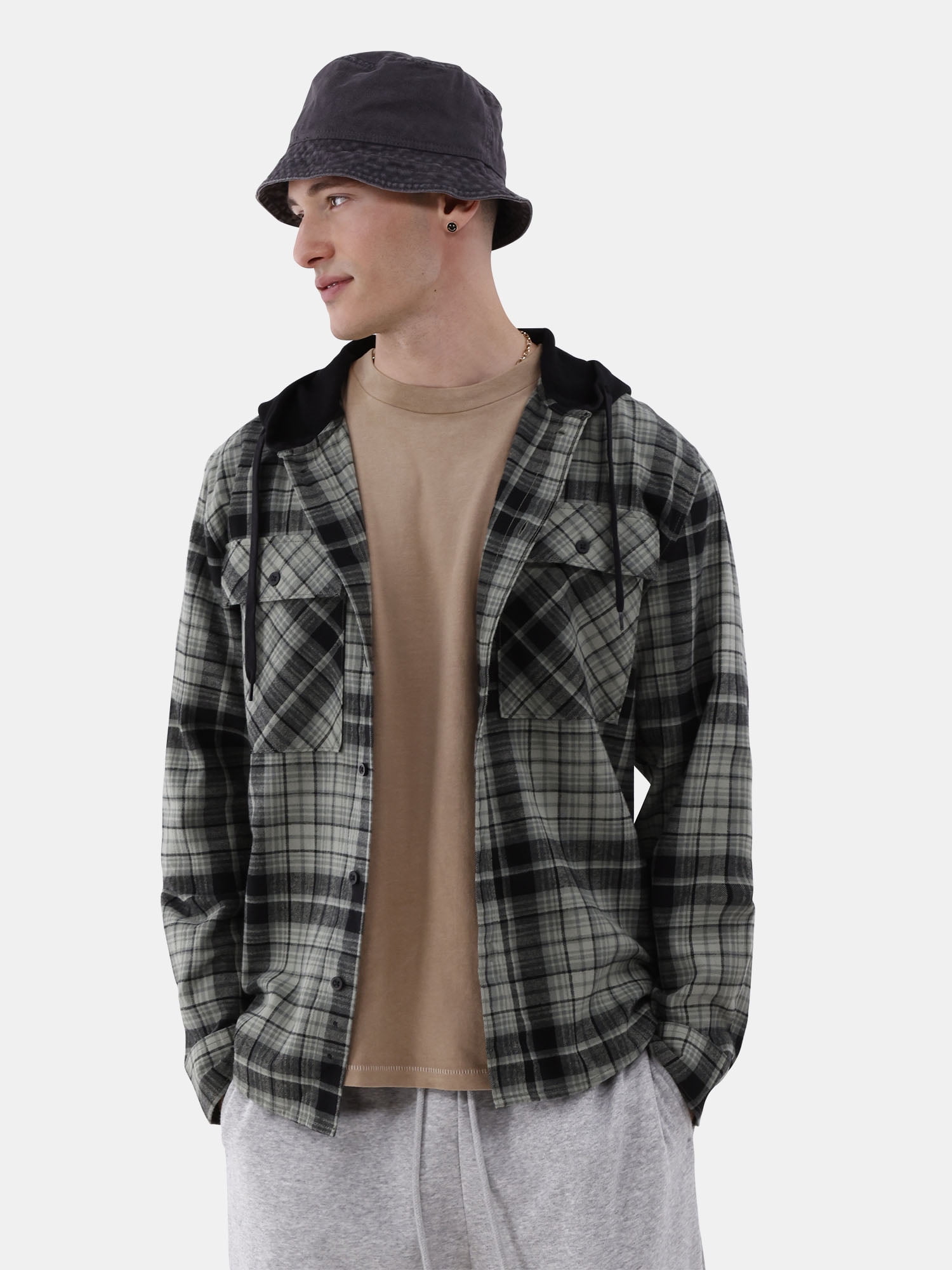 No Boundaries Men's & Big Men's Hooded Long Sleeve Flannel Shirt ...