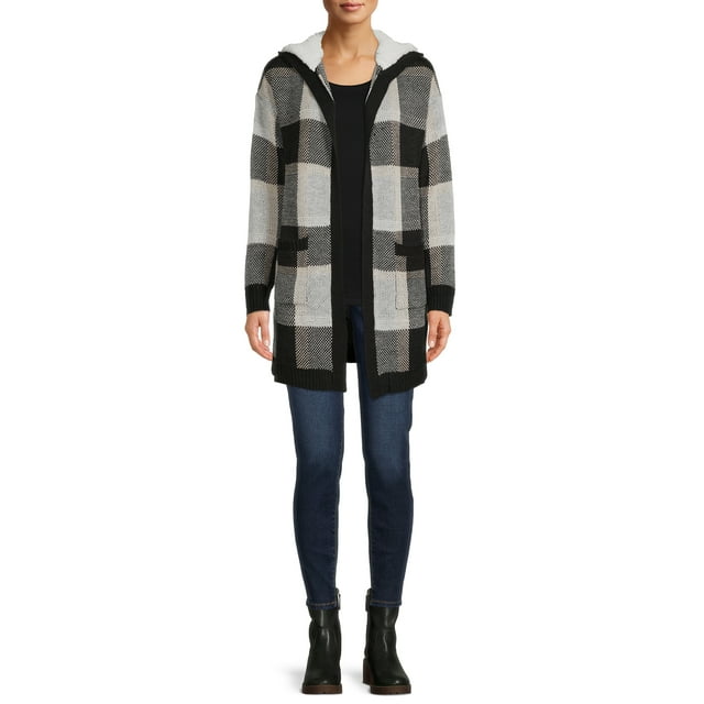 No Boundaries Juniors Jacquard Cardigan with Faux Faux Shearling Hood