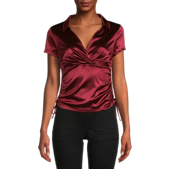 No Boundaries Juniors Johnny Collar Satin Top