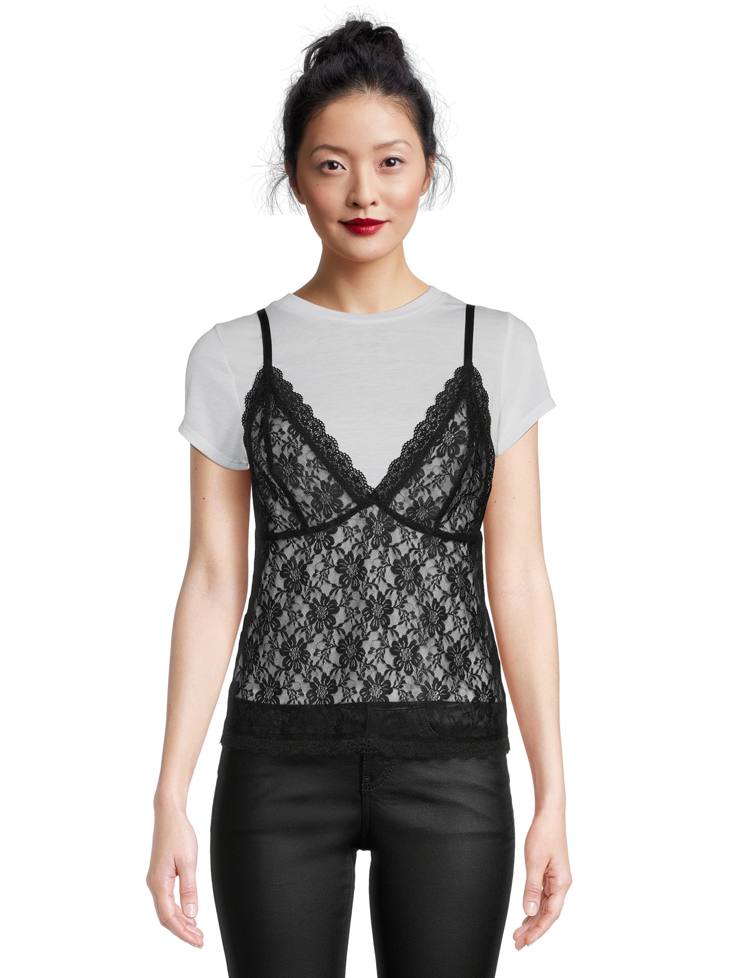 No Boundaries Juniors Lace Cami and Tee Set, 2Piece, Sizes XSXXXL