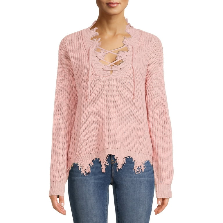 No Boundaries Juniors' Lace-Up Chew Sweater