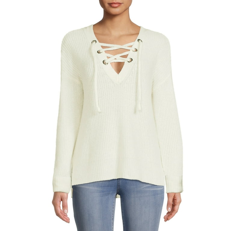 No Boundaries Juniors' Lace Up Knit Sweater Soft Yarn, Long