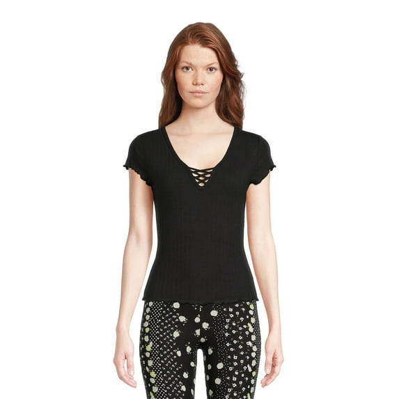 No Boundaries Juniors Lattice Neck Tee with Short Sleeves, Sizes XS-XXXL