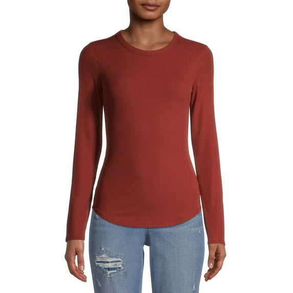 No Boundaries Ribbed Crewneck Tee with Long Sleeves, Women's