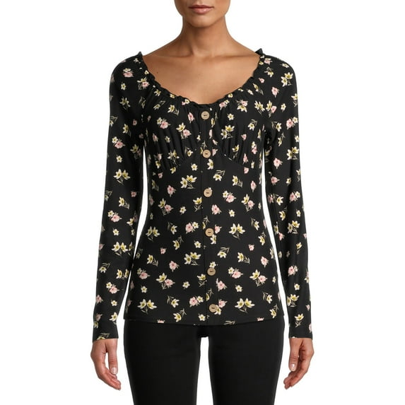 No Boundaries Juniors' Long Sleeve Floral Top with Face Mask