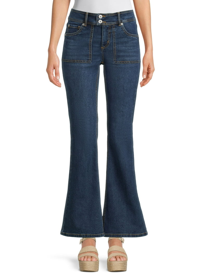 No Boundaries Juniors' Low Rise Extended Tab Flare Jeans, Sizes