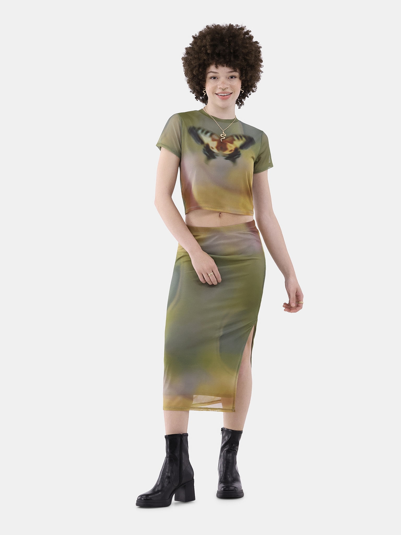 No Boundaries Mesh Top and Skirt Set, 2-Piece, Women’s and Women’s Plus