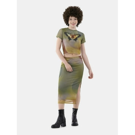 No Boundaries Mesh Top and Skirt Set, 2-Piece, Women’s and Women’s Plus