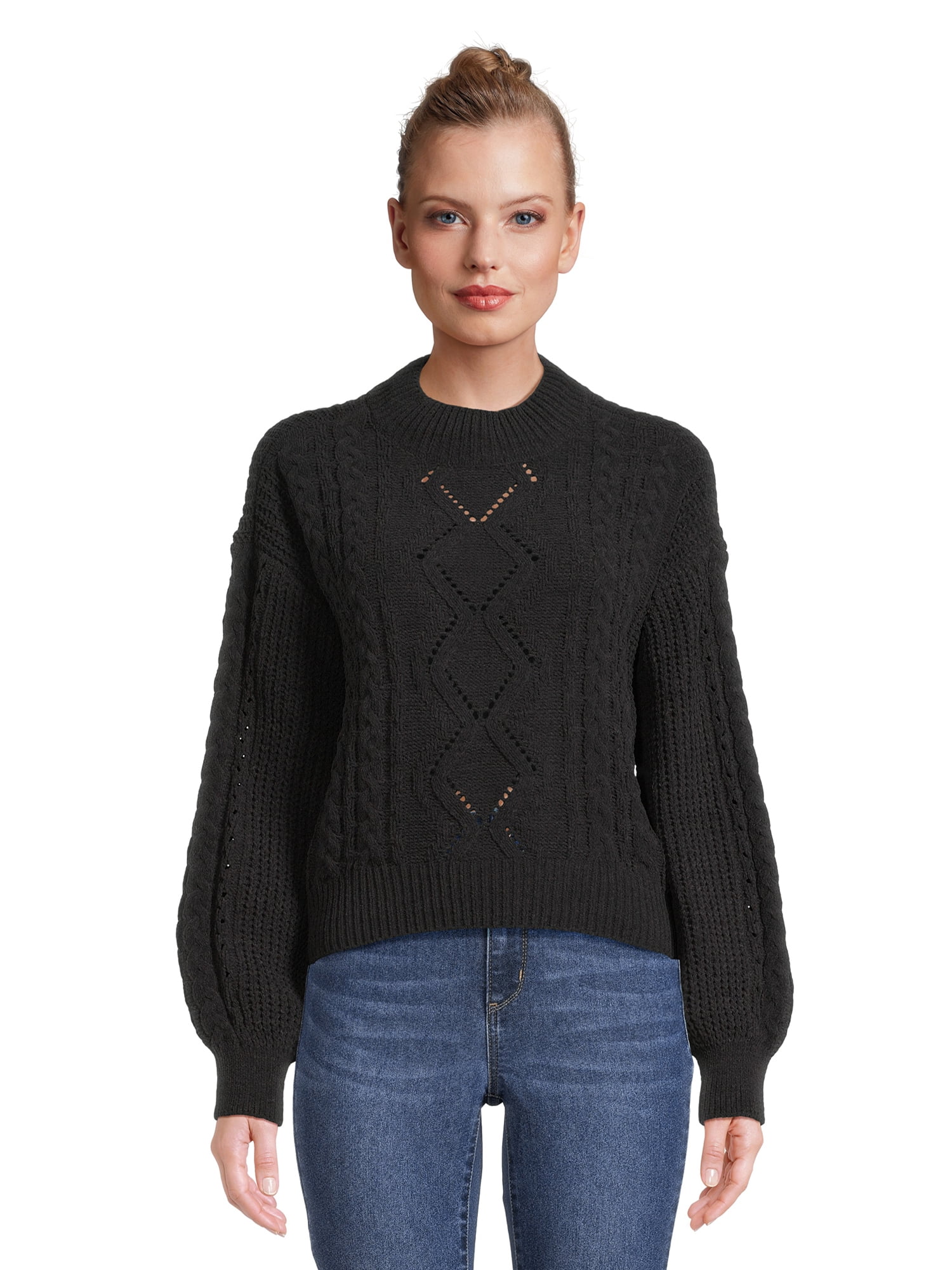 No Boundaries Juniors’ Mock Neck Cable Knit Sweater, Midweight, Sizes ...