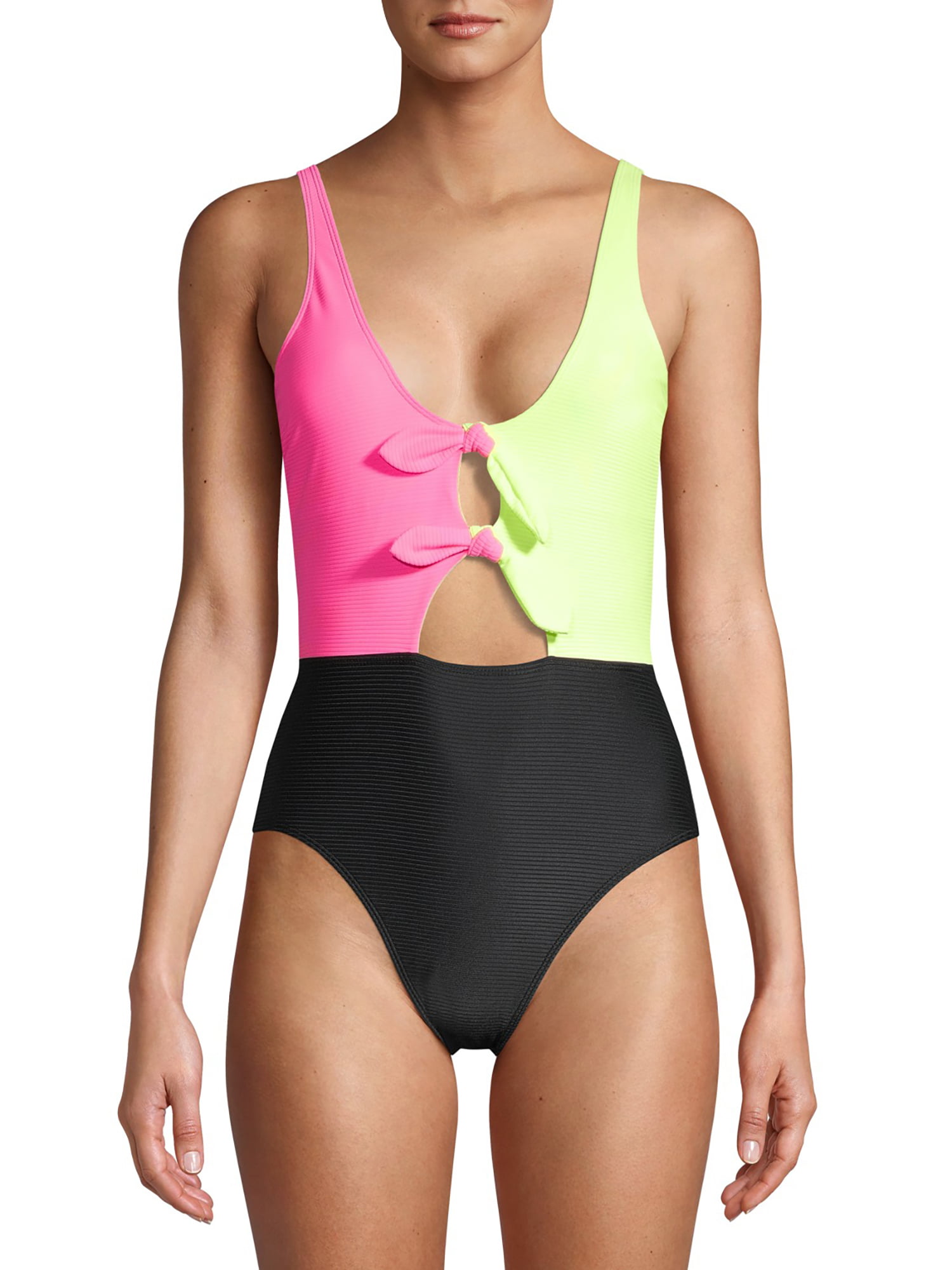 No Boundaries Juniors' Neon Colorblock One-Piece Swimsuit
