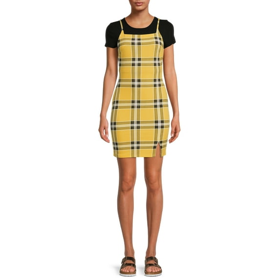 No Boundaries Juniors' Plaid Dress and Ribbed T-Shirt, 2-Piece Set