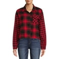 thumbnail image 1 of No Boundaries Juniors' Plaid Flannel Button Front Shirt with Long Sleeves, 1 of 5