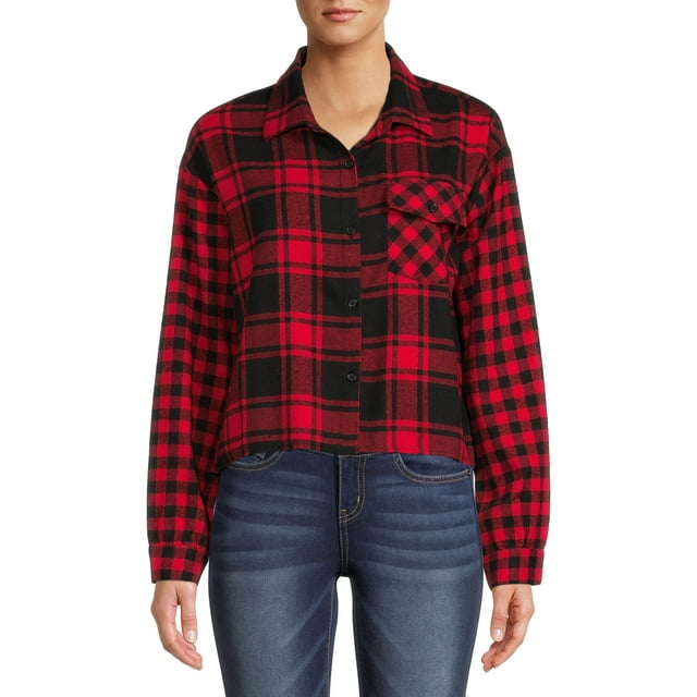 No Boundaries Juniors' Plaid Flannel Button Front Shirt with Long Sleeves