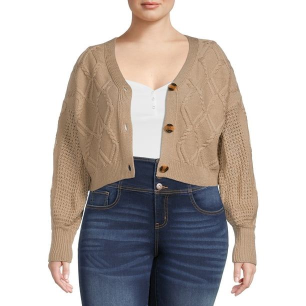 No Boundaries Juniors Plus Size Cable Knit Cardigan Sweater