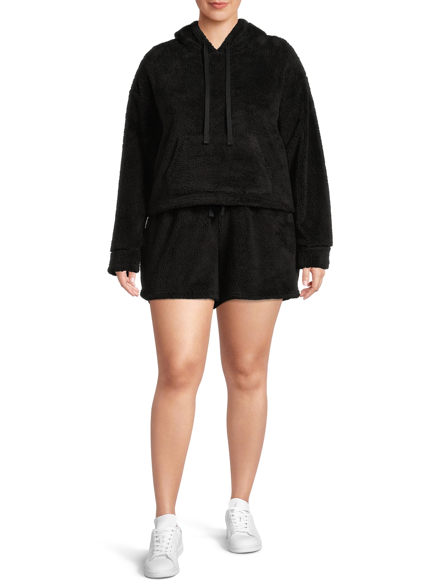No Boundaries Juniors' Plus Size Cozy Faux Sherpa Hoodie and Shorts Set, 2-Piece