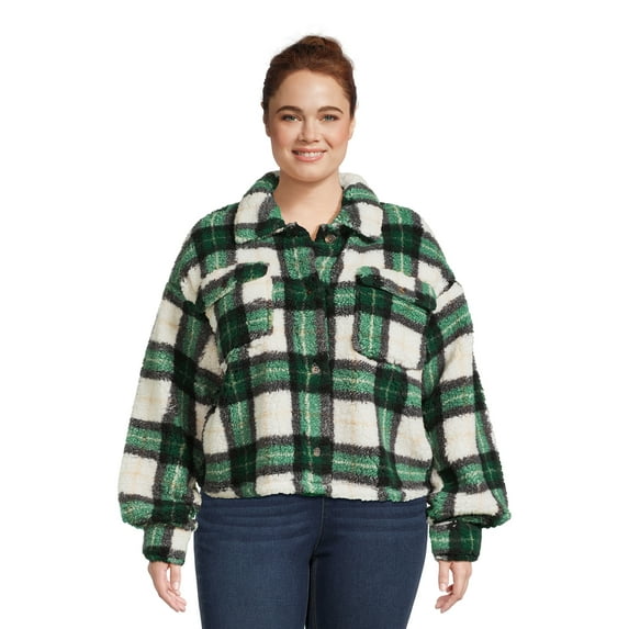 No Boundaries Juniors Plus Size Faux Faux Shearling Shacket