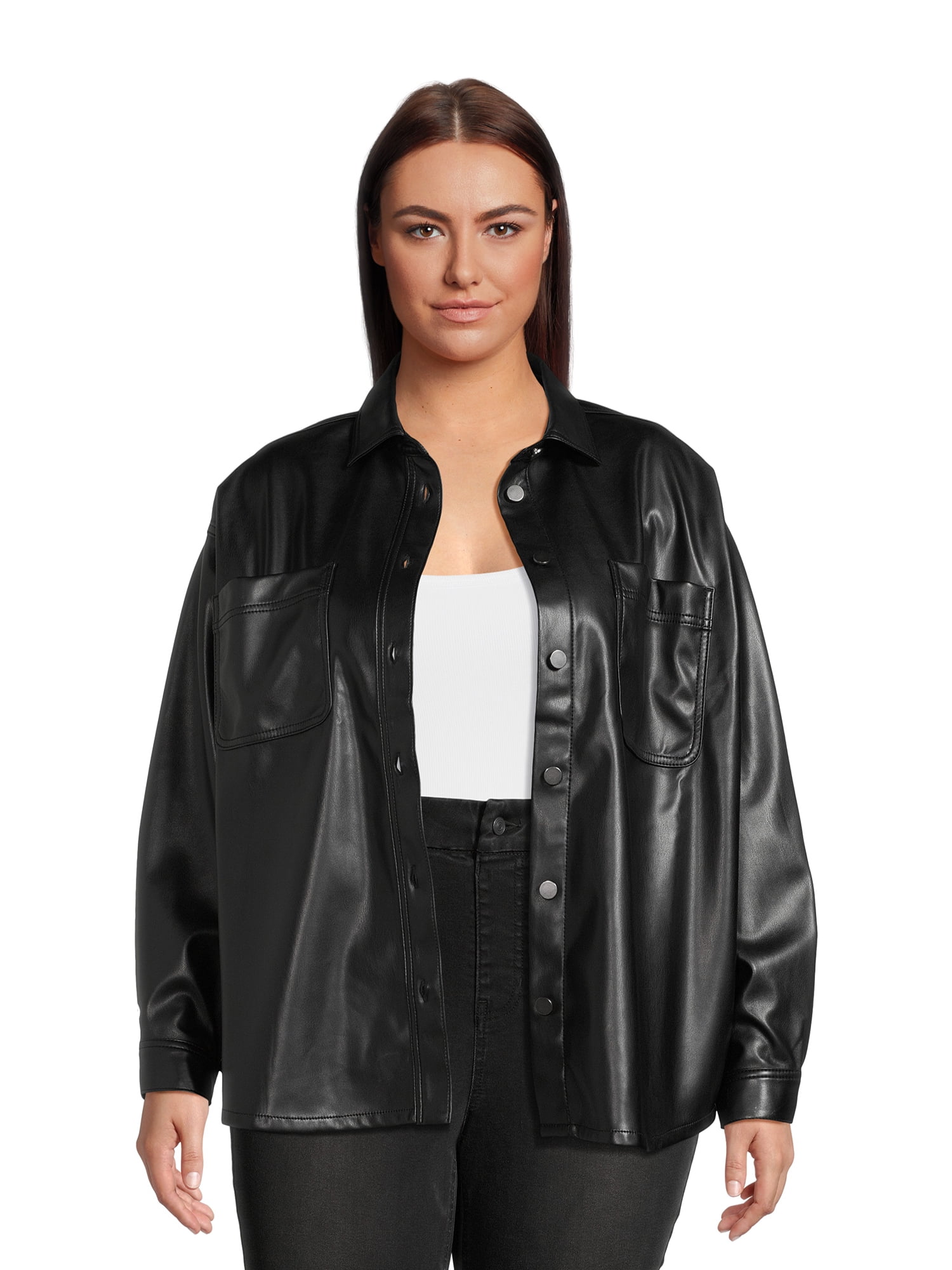 No Boundaries Juniors Plus Size Faux Leather Shacket - Walmart.com