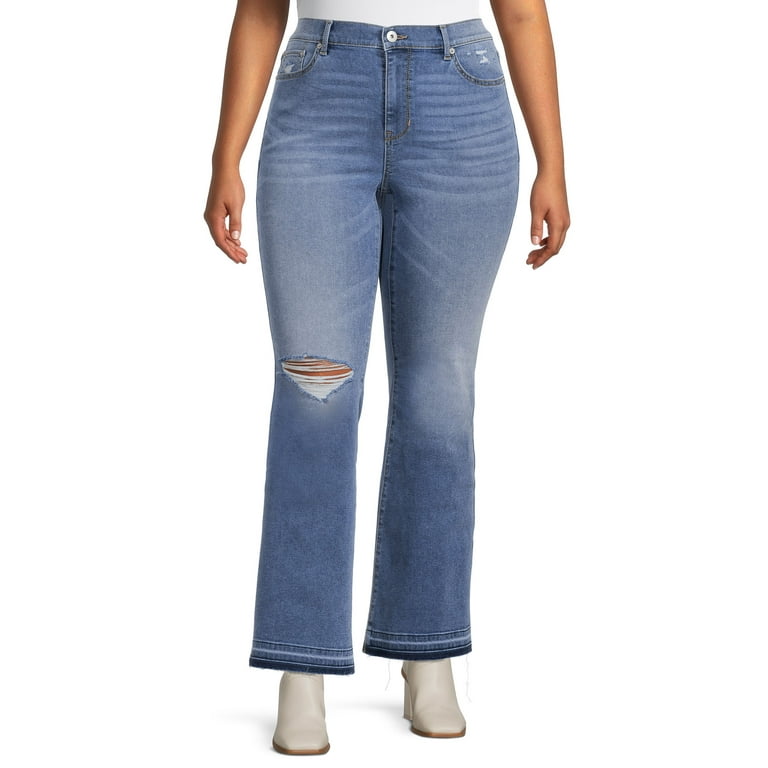 No Boundaries Juniors' Plus Size High Rise Destructed Flare Jeans 