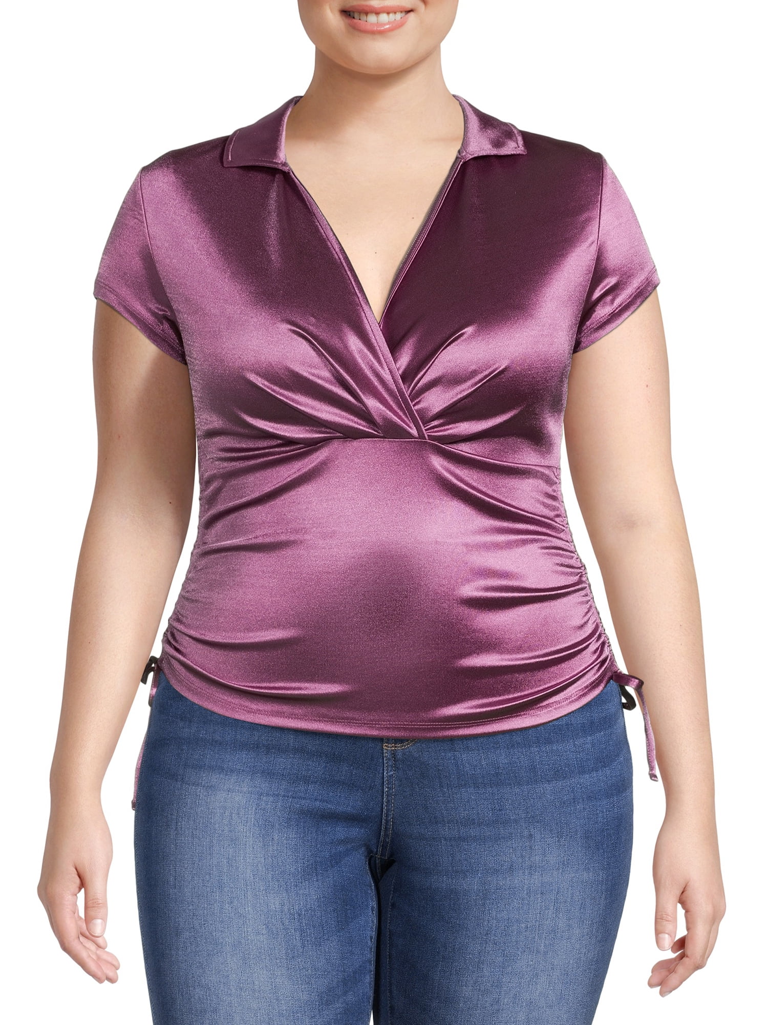 No Boundaries Juniors' Plus Size Johnny Collar Satin Top