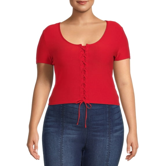 No Boundaries Juniors Plus Size Lace Up Front Top