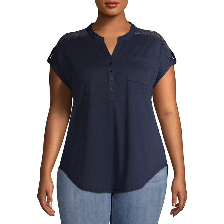 No Boundaries Juniors' Plus Size Mandarin Collar Lace Shoulder Utility  Shirt 