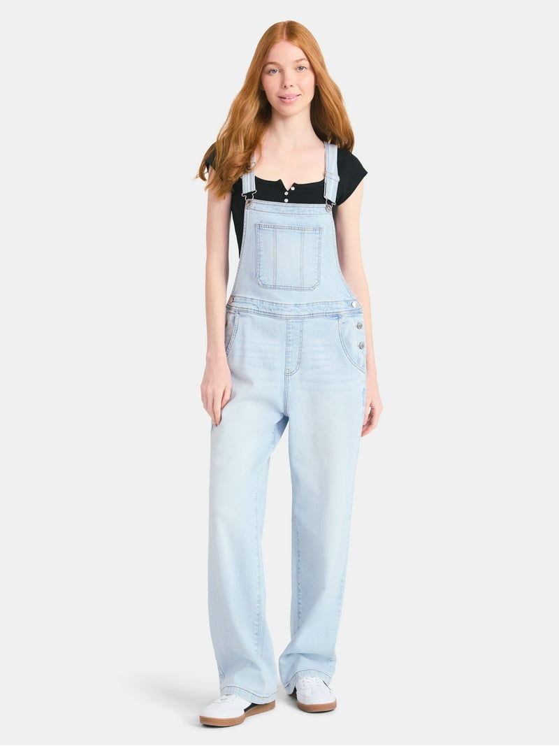 No Boundaries Relaxed Wide-Leg Denim Overalls, Women's