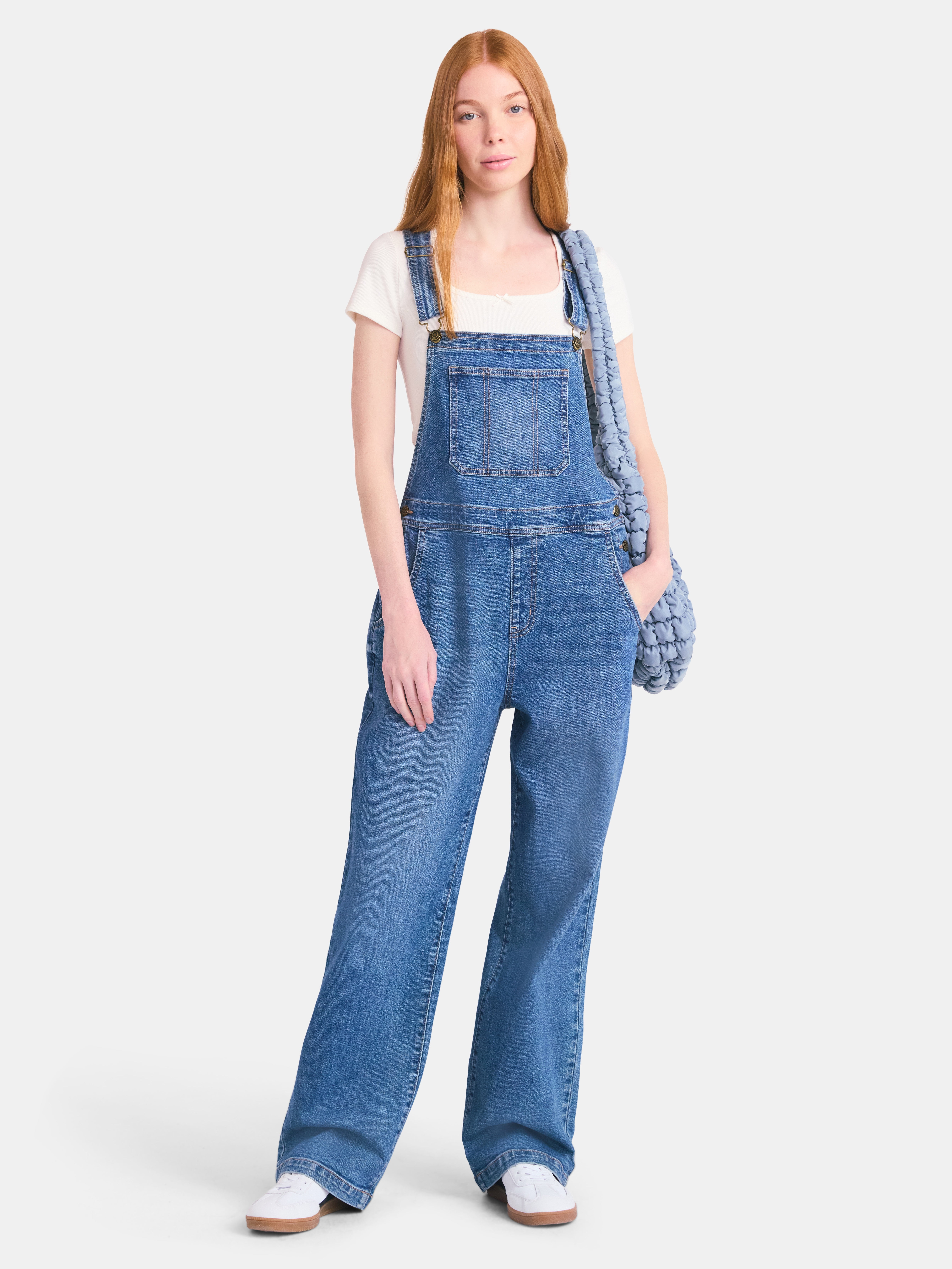 No Boundaries Relaxed Wide-Leg Denim Overalls, Women's