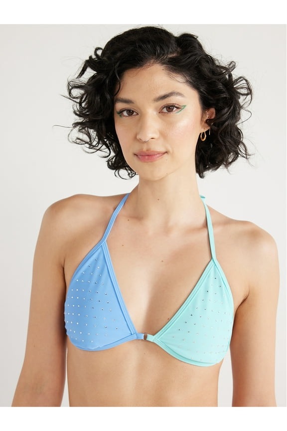 Juniors’ Rhinestone Color Blocked Bikini Top, Sizes XS-XL