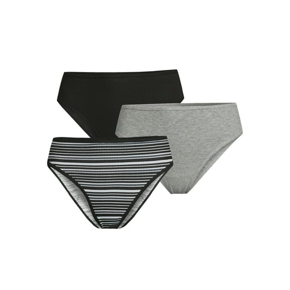 No Boundaries Juniors' Ribbed Cotton Hi Cut Bikini, 3-Pack, Sizes XS-XXL