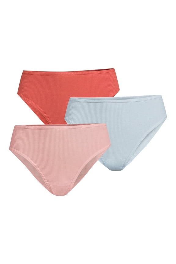 Juniors' Ribbed Cotton Hi Cut Bikini, 3-Pack, Sizes XS-XXL