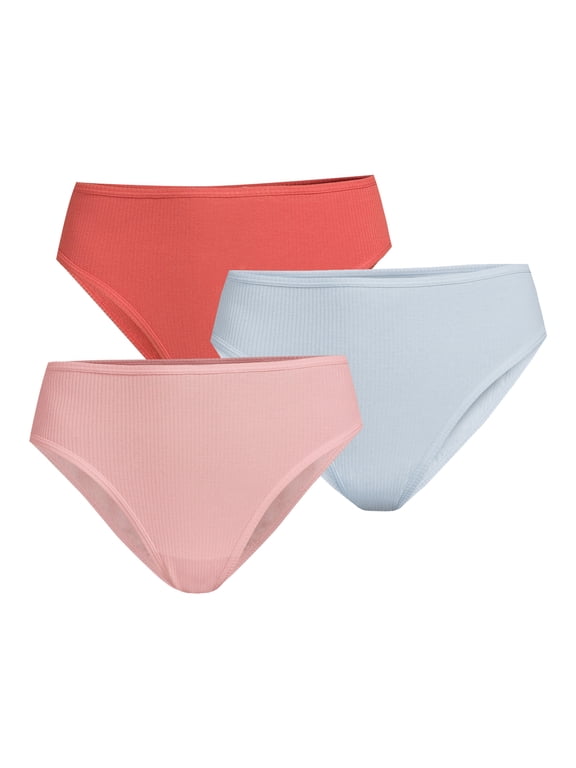 Juniors' Ribbed Cotton Hi Cut Bikini, 3-Pack, Sizes XS-XXL