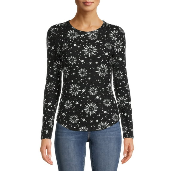 No Boundaries Juniors' Ribbed Crew Neck Long Sleeve T-Shirt, (Women's)