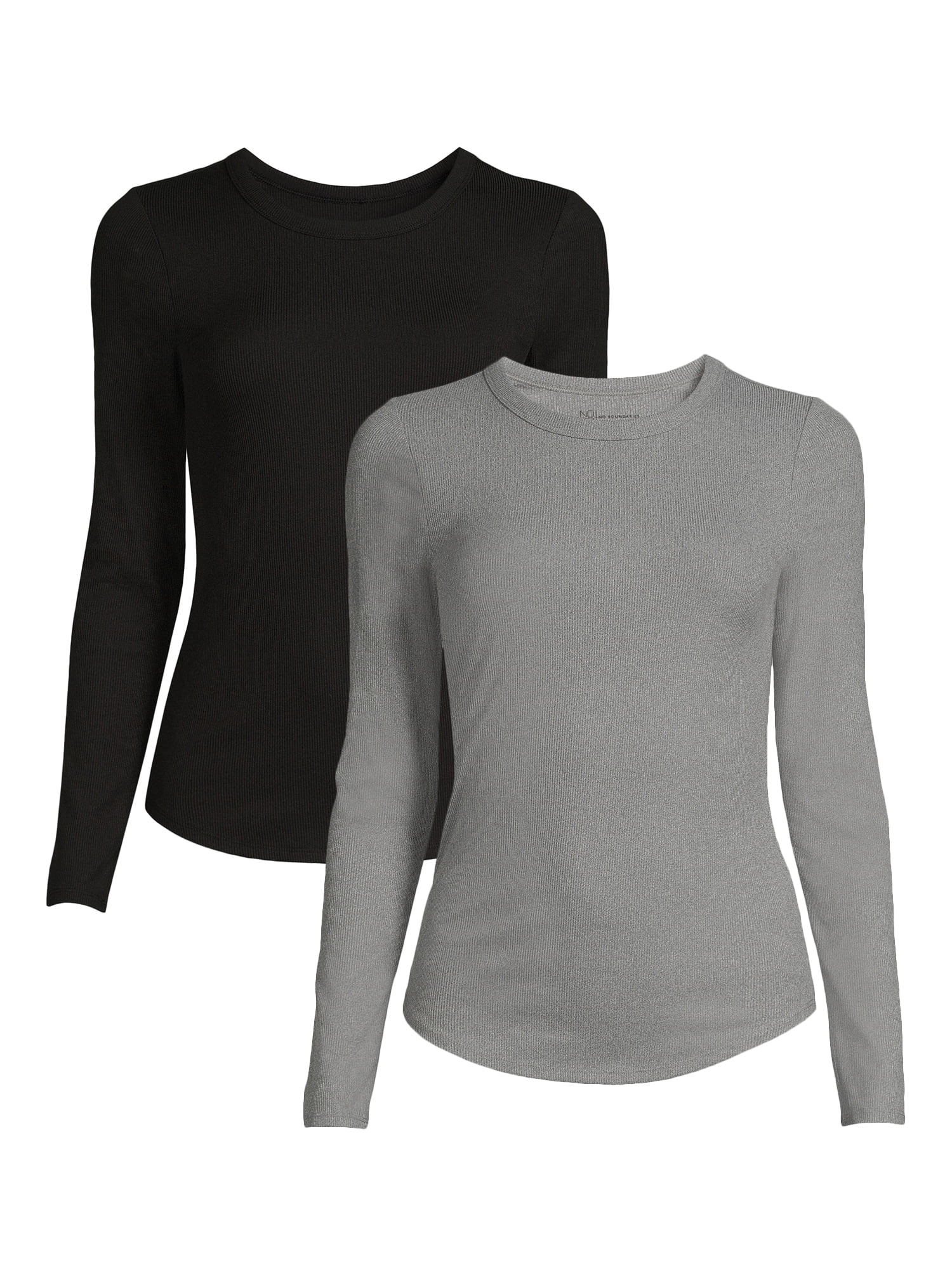 No Boundaries Juniors Ribbed Crewneck Tee with Long Sleeves, 2Pack