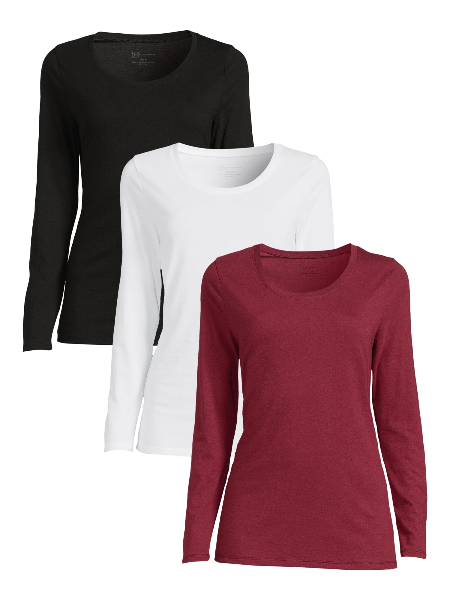 No Boundaries Juniors Scoop Neck TShirt with Long Sleeves, 3Pack