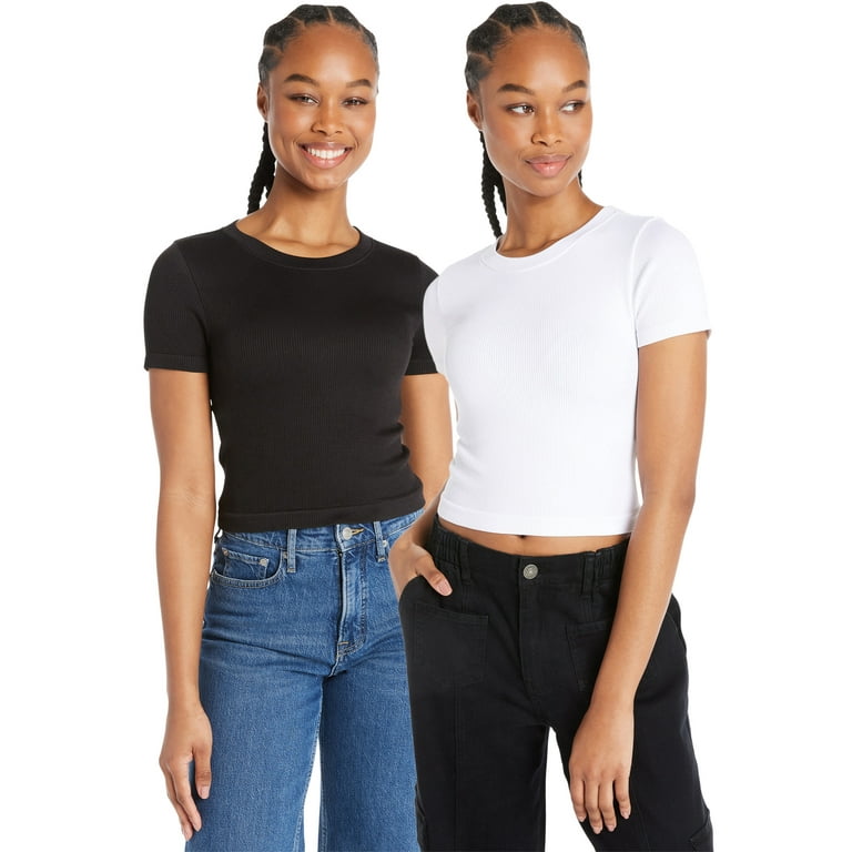 No Boundaries Seamless Crewneck Tee with Short Sleeves 2 Pack Women s and Women s Plus Walmart