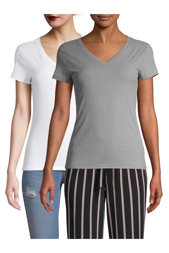 Juniors' Short Sleeve Brushed Rib V-Neck T-Shirt, 2 Pack