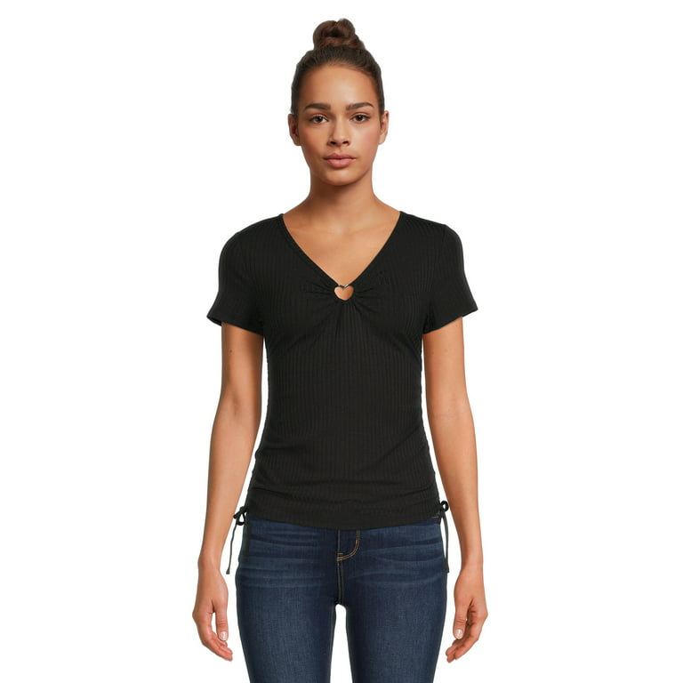 No Boundaries Juniors Side Ruched T-Shirt with Heart, Sizes XS-XXXL 
