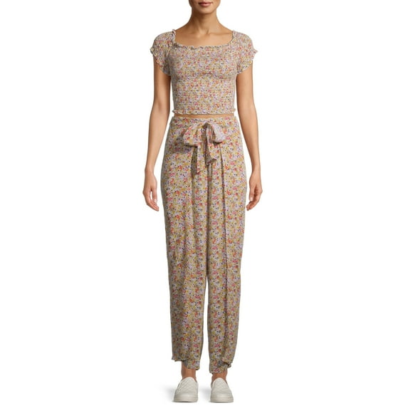 No Boundaries Juniors' Smocked Top and Wide Leg Pants Set