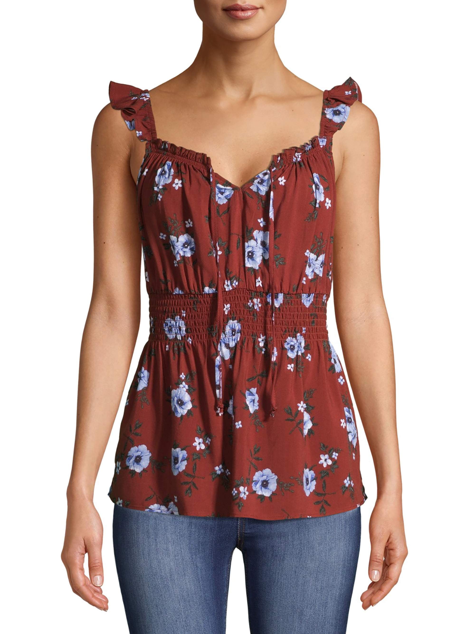 No Boundaries Juniors' Smocked Waist Peasant Tank Top