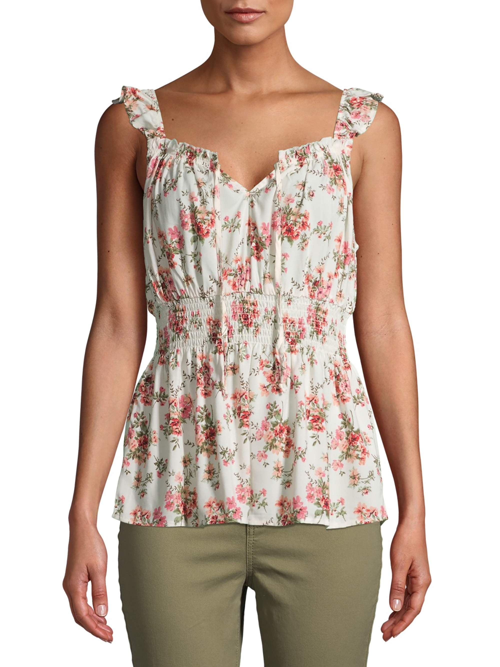 No Boundaries Juniors' Smocked Waist Peasant Tank Top