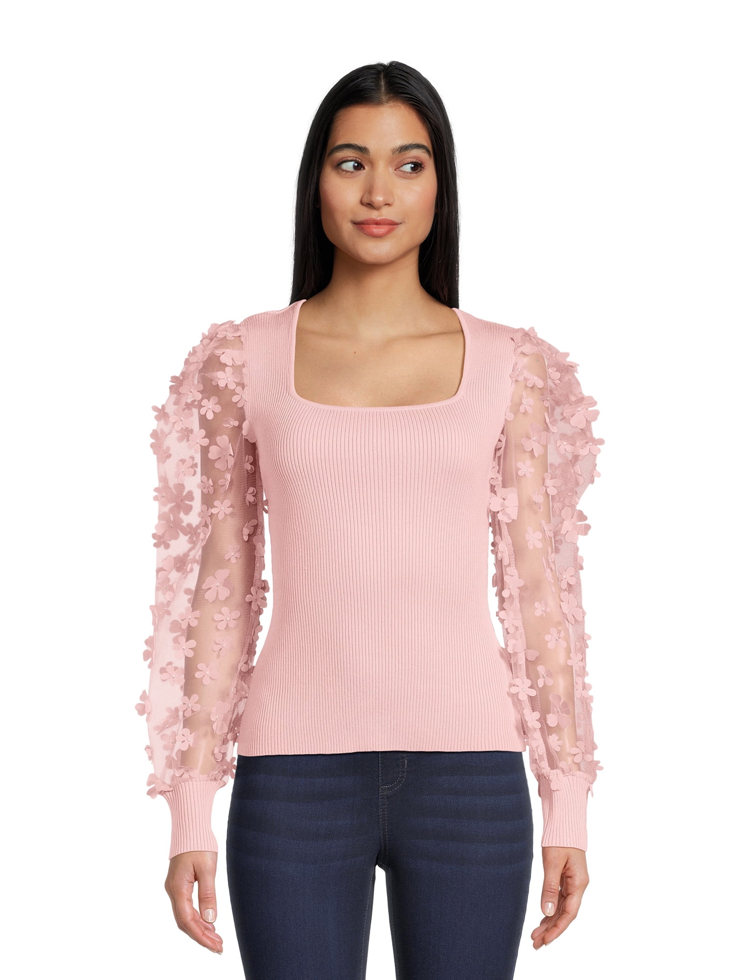 No Boundaries Juniors Square Neck Top with Long Puff Sleeves, Sizes XS ...