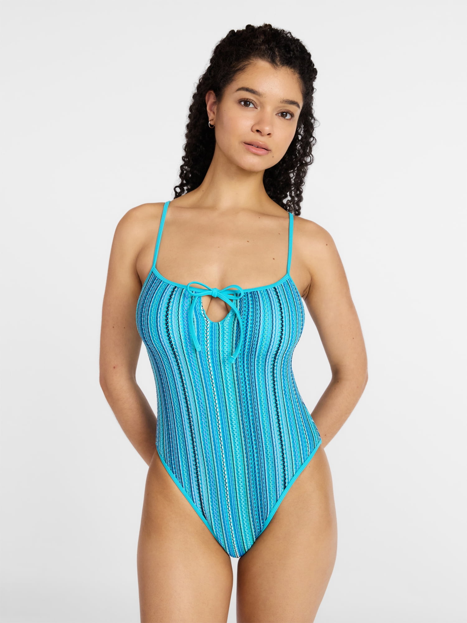 V12 NEON ONE-PIECE ネイビー サイズ1 No Boundaries Tie Front Striped One-Piece Swimsuit, Women's XXS