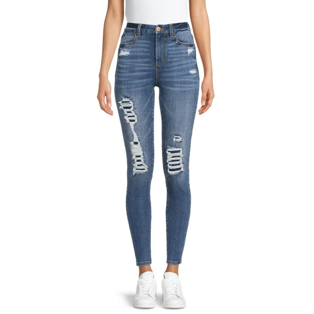 No Boundaries Juniors' Super High Rise Curvy Jeggings with Destruction